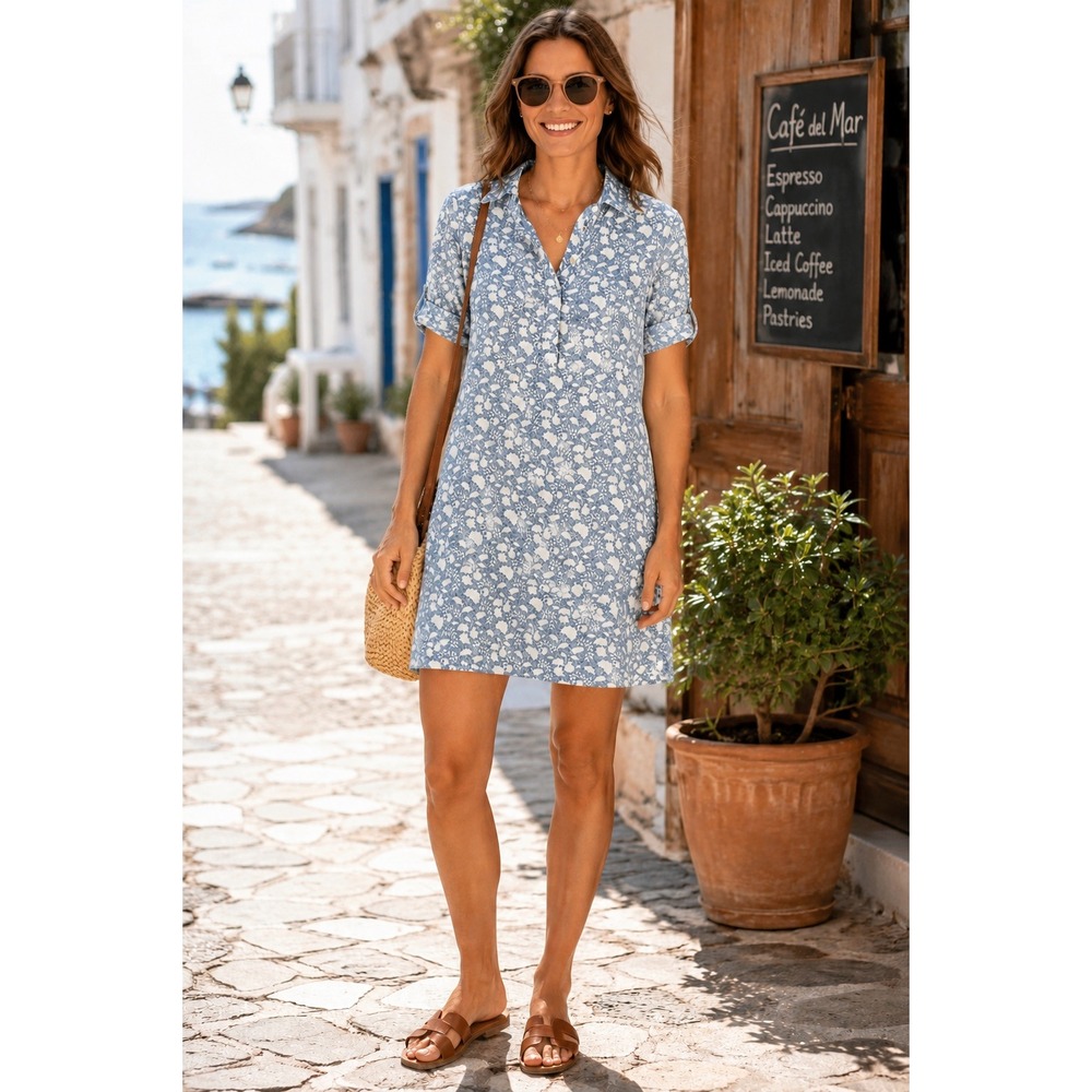 Faherty Penelope Floral Ecovero Linen Dress Indigo Blue Mini XS